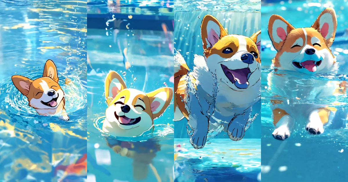 Lexica - Japanese animation, panoramic, colorful, a small corgi with ...