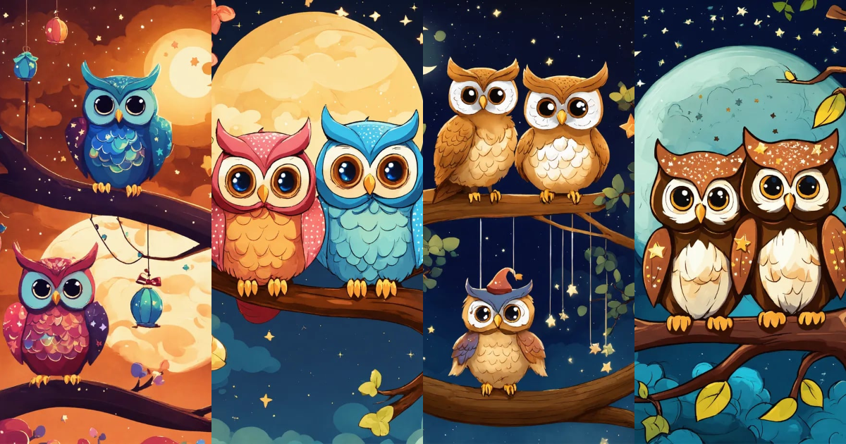 Lexica - Cartoon two owls sitting on a tree branch, one owl has a bow ...