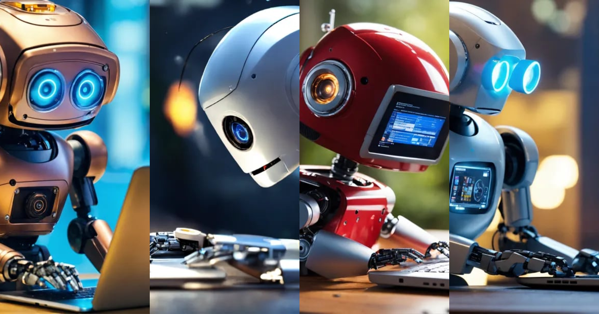 Lexica - Adorable smiling robot working on its laptop in deep focus
