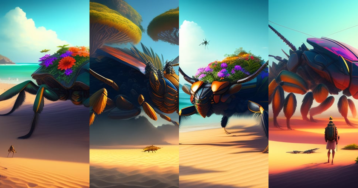 Lexica - Giant insect creature on tropical beach sand, greeneries and ...