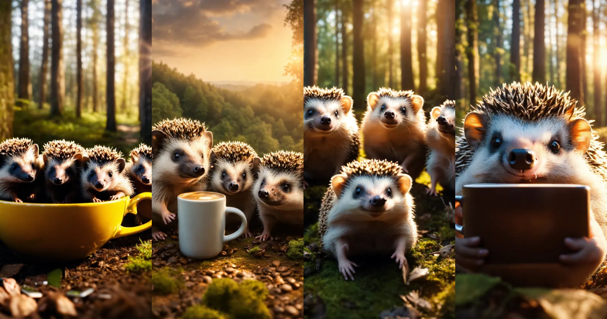 Lexica - 5 hedgehogs taking a selfie, having coffee in a clearing in ...