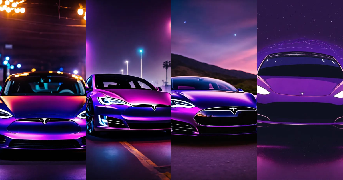 Lexica - Purple tesla car, where the headlights are eyes and the bumper ...