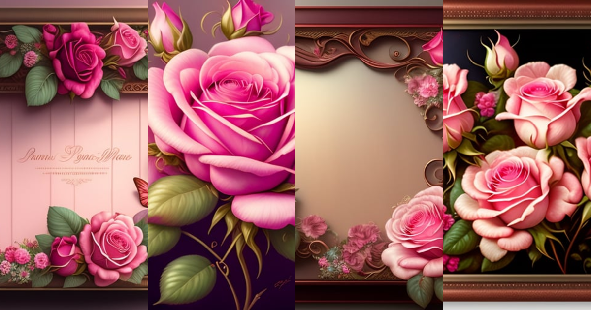 Lexica - Vintage wooden frame, pink roses and leaves background