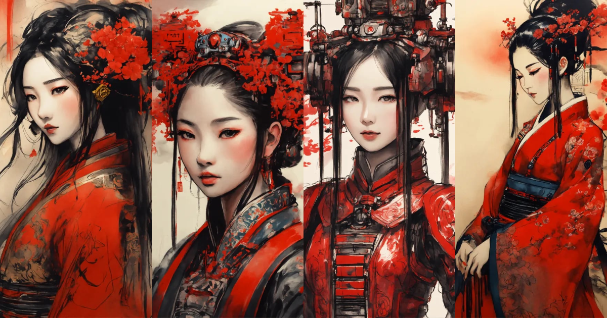 Lexica - Shuǐmò huà, 水墨画, black and red ink, a robot beautiful girl in ...
