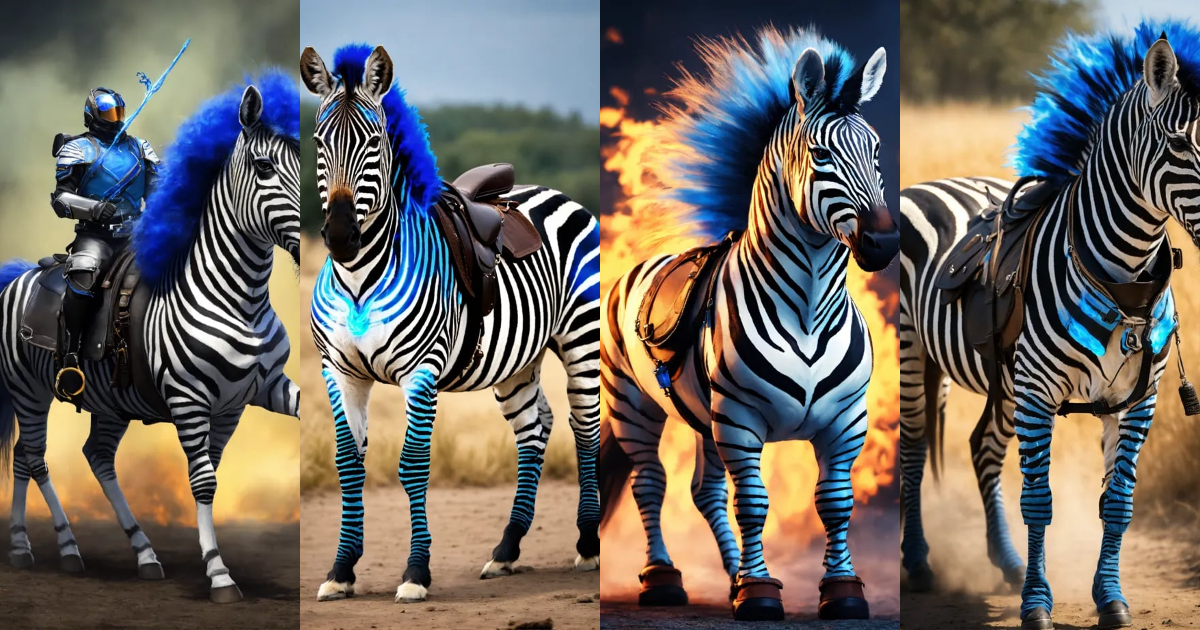 Lexica - Zebra with riding gear, with a mane and tail of blue flame