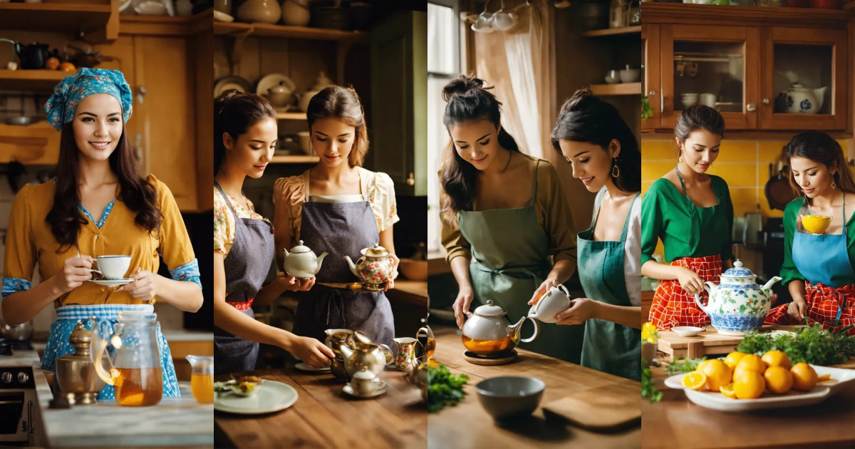 Lexica - Beautiful women making tea in kitchen