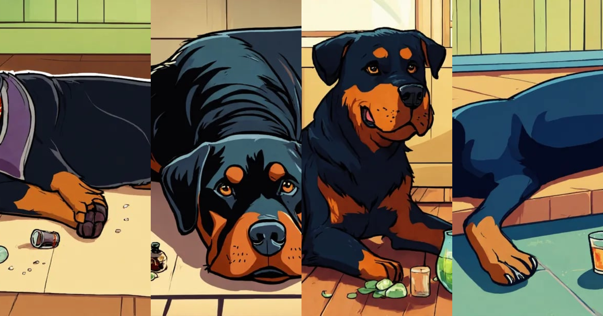 Lexica - Cartoon Style Illustration of a life like drunk Rottweiler ...