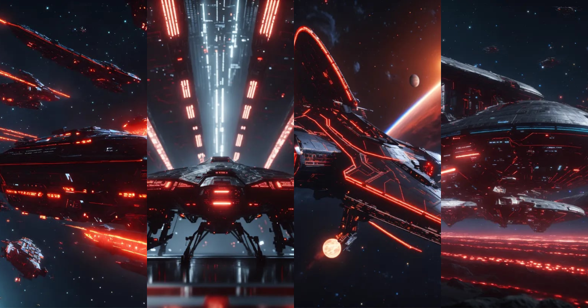 Lexica - Zoom out on fleet of long black organic insect like space ...