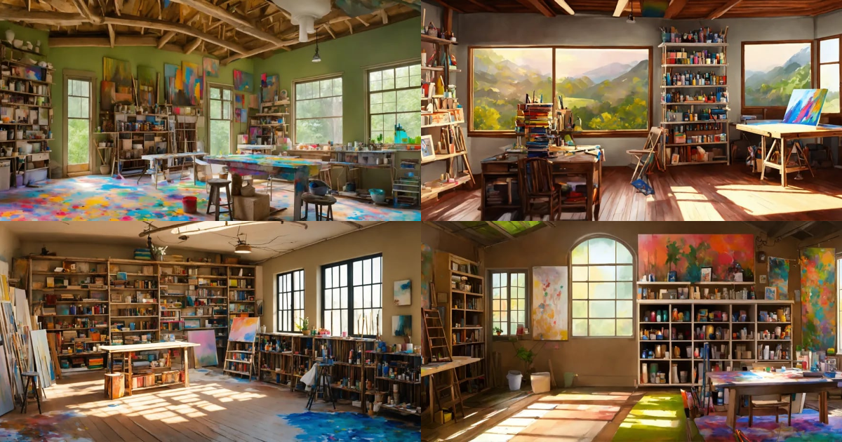 Lexica - Concept art of an art studio, paintings on a canvas, stacked ...