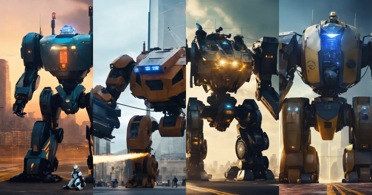 Lexica - Big, powerful robots of the future guarding the city. big robots