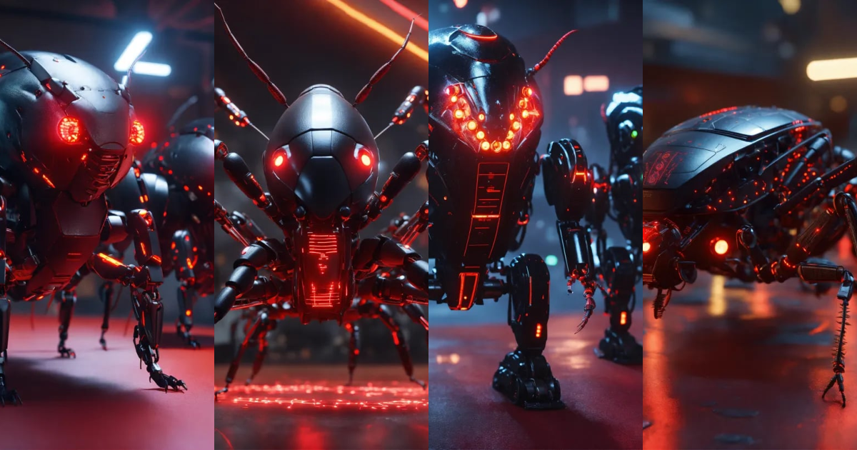 Lexica - Zoom out shot of group of 3 black cockroach faced robotic ...