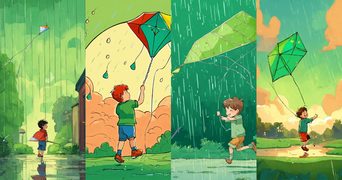 Lexica - Boy flying a kite in the rain cartoon green