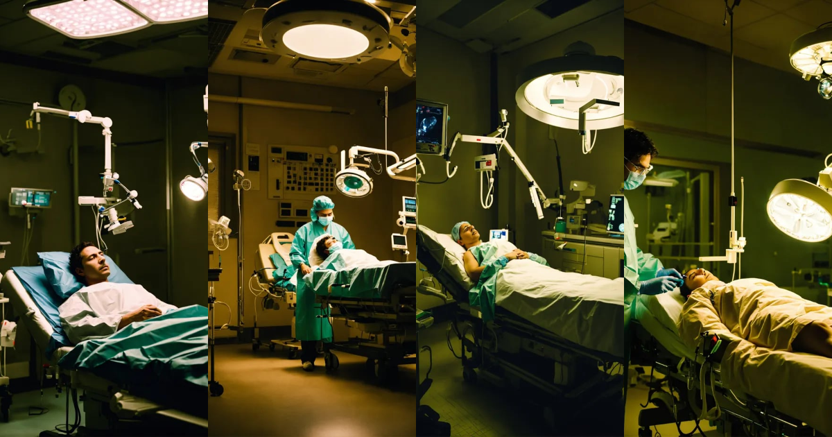 Lexica - Surgeon in a dark weak lighting operating room sad looking a ...