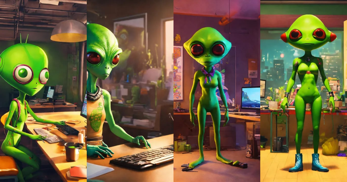 Lexica - Orion, a green alien standing up in a mundane office with ...