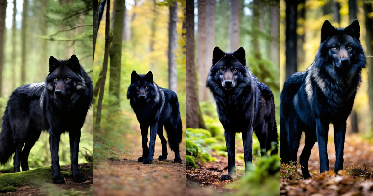 Lexica - Massive, black fur, wolf, in the woods