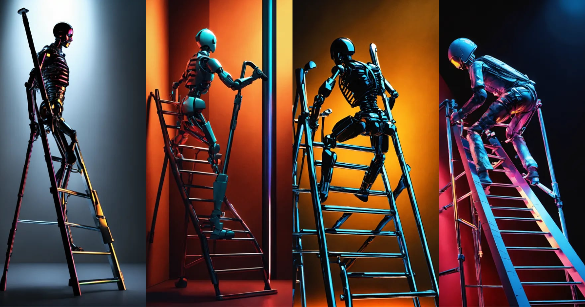 Lexica - Humanoid with crutches climbing a ladder. black background ...