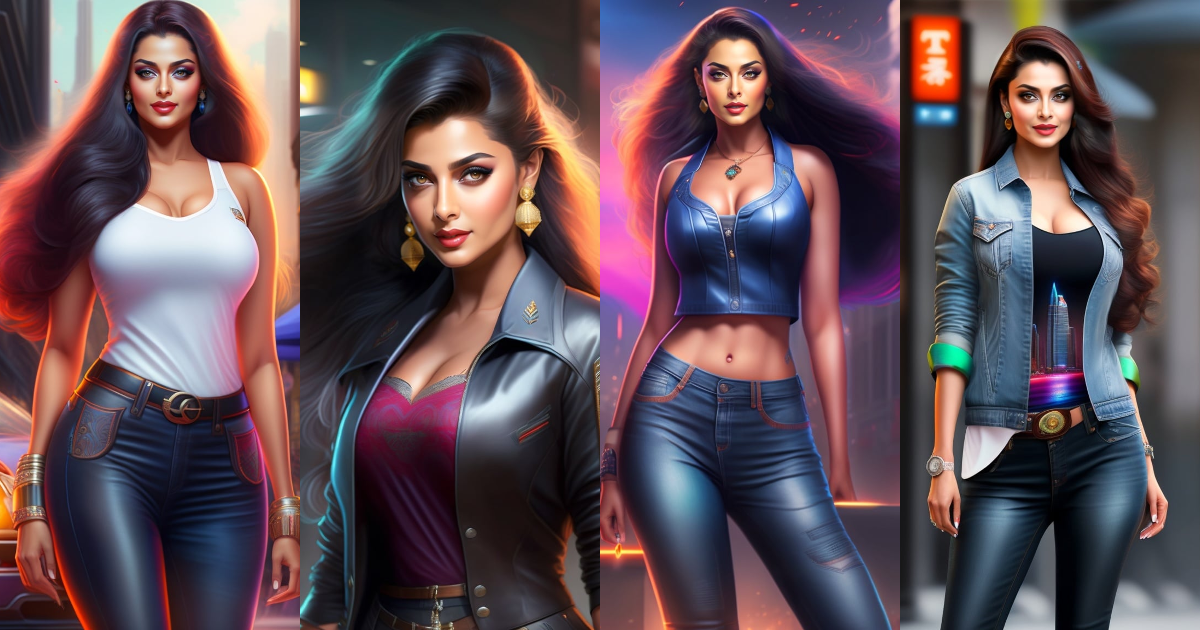 Lexica - Aishwarya Rai, full figure, t-shirt and jeans, cyberpunk city