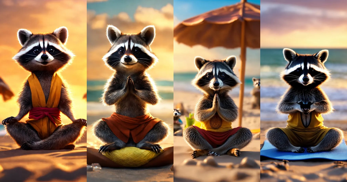 Lexica - Mischievous raccoon doing yoga at the beach, Maya render, 8k ...