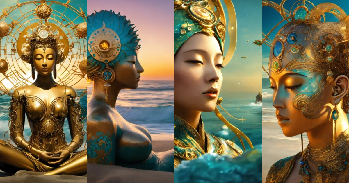 Lexica - Biomorphic solarpunk ocean scape. Female Buddha, Futuristic ...
