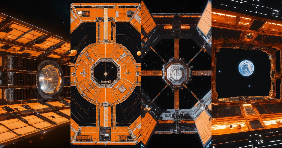 Lexica - Entire giant orange space station in dark space from top with ...