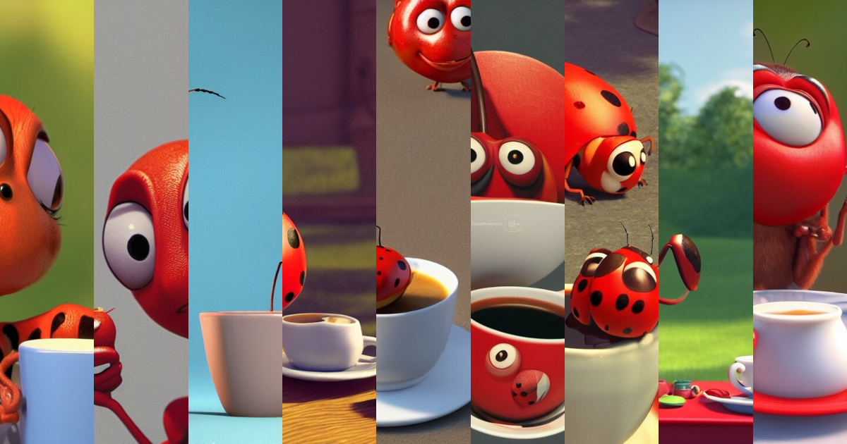 Lexica - A red ladybug with big eyes on side of a cup of coffee and a ...