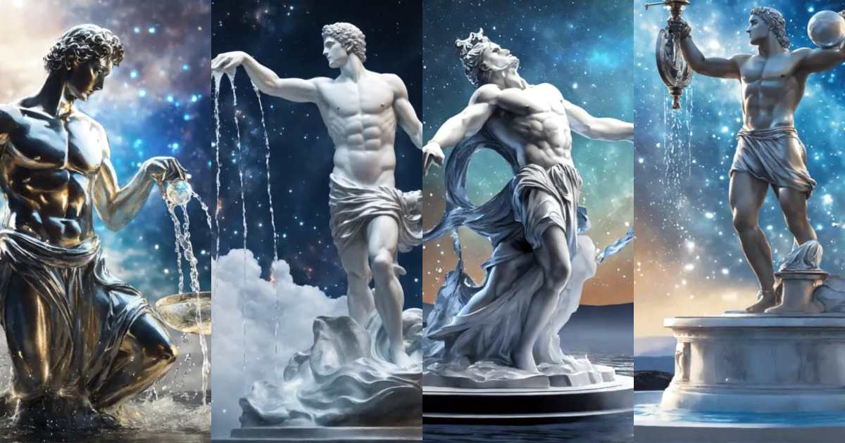 Lexica Greek white and silver man statue pours water, brutal, zodiac