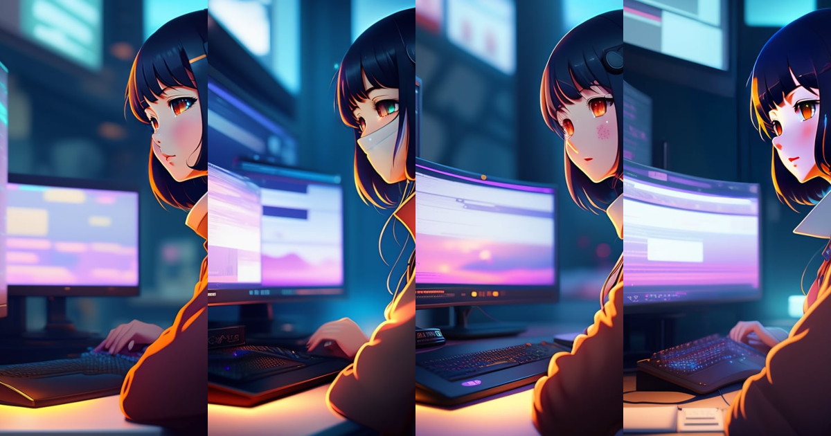 Lexica - Lofi Anime Girl is programming at a computer, cozy, by makoto ...