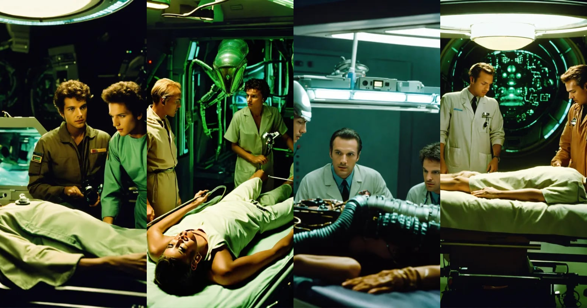Lexica - A photograph of two aliens observing a patient lying on an ...