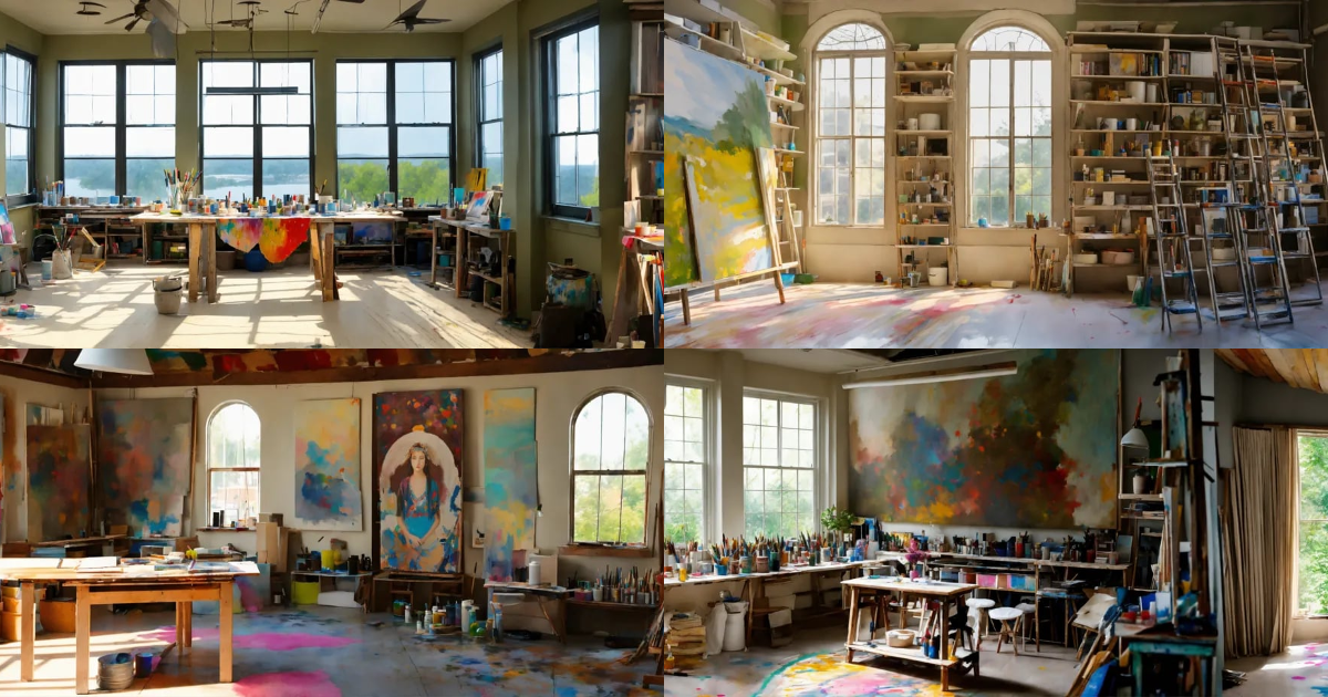 Lexica - Concept art of an art studio, paintings on a canvas, stacked ...