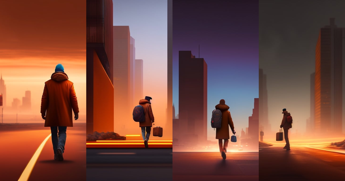 Lexica - A homeless person walking animated, city skyline, brown color ...