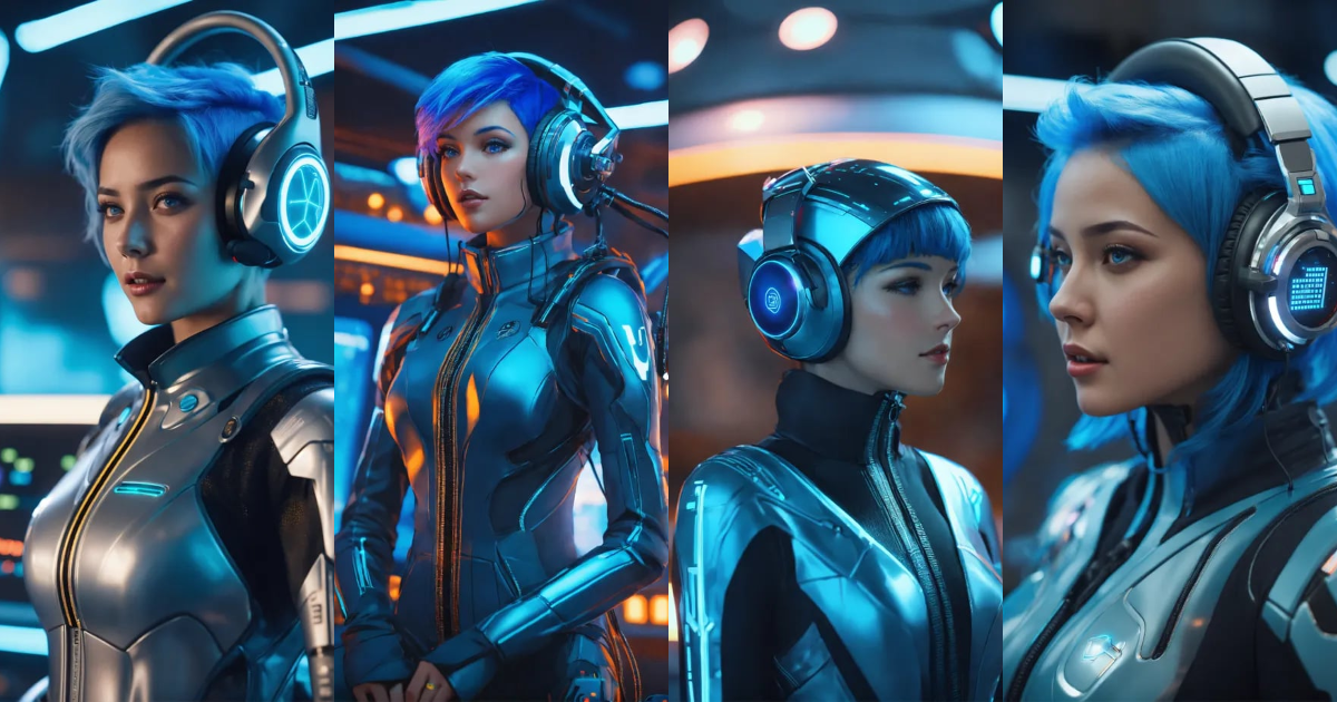 Lexica - Zoom out of a charming girl with blue hair wearing a tight ...