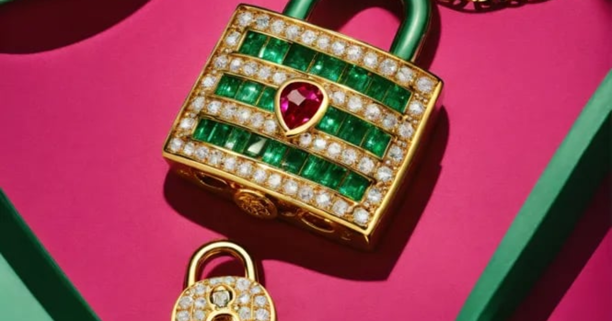 Lexica - A collection of Ruby and Emerald gold padlock pendant designed ...