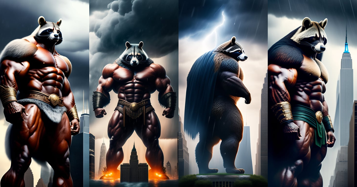 Lexica - A massive muscular humanoid racoon as tall as a building who ...
