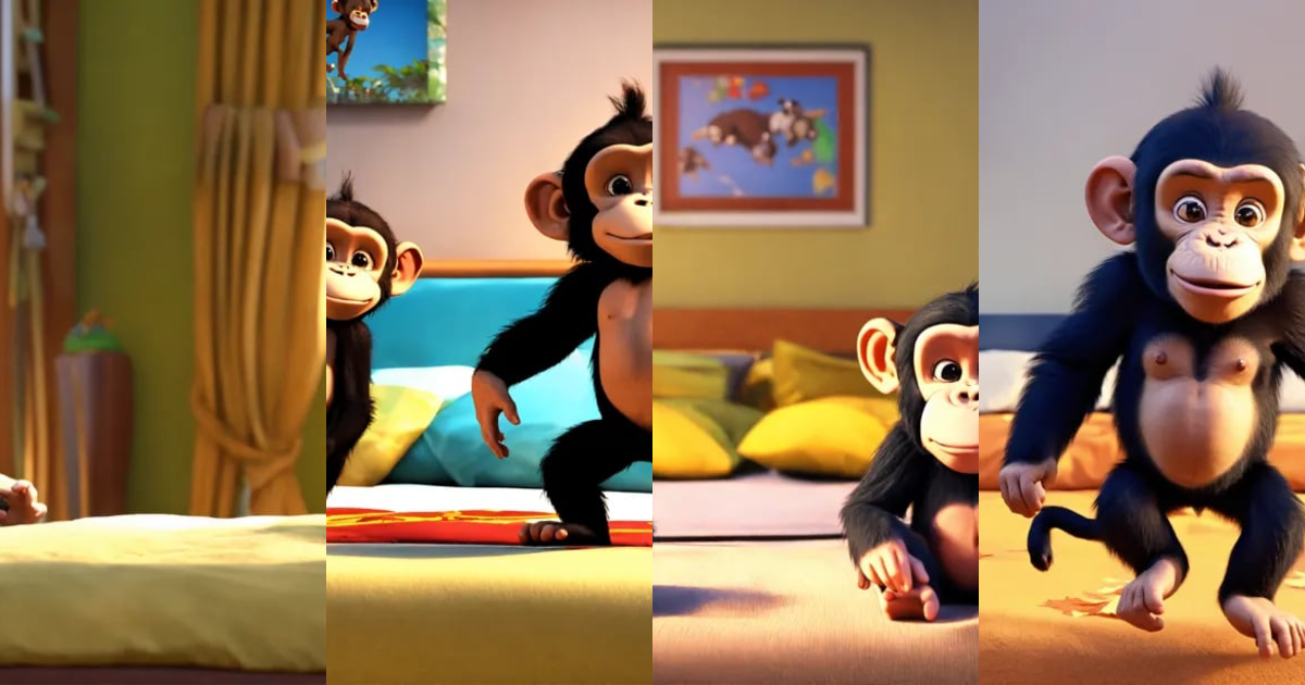 Lexica - Two little chimpanzees jumping on the bed, and one chimpanzee ...
