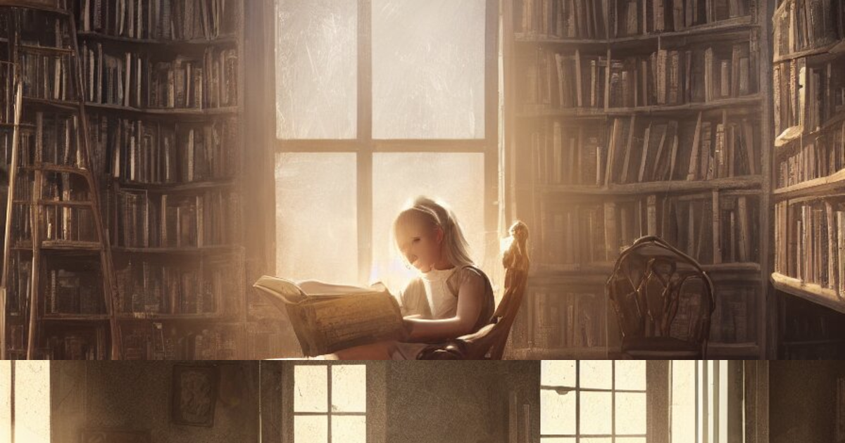 Lexica - Young blond haired girl reading a book in an old chair in a ...