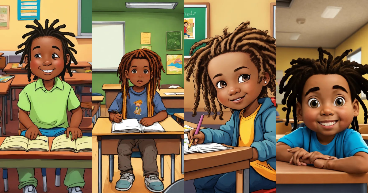 Lexica - Little boy with dreads cartoon in a class room