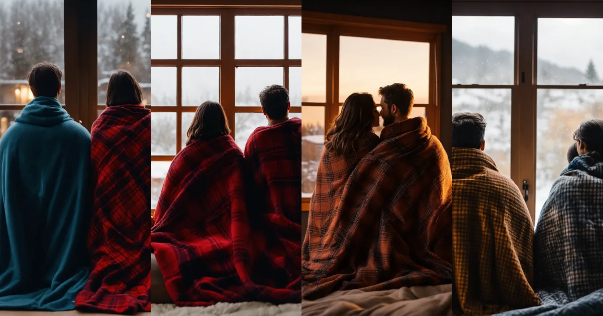 Lexica - Rear view of couple wrapped in blanket looking out window ...