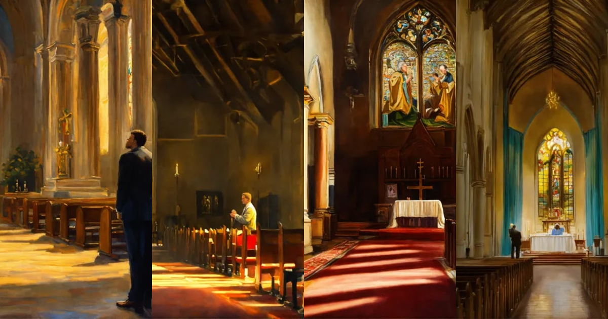 Lexica - Oil painting of a man praying to god inside a church