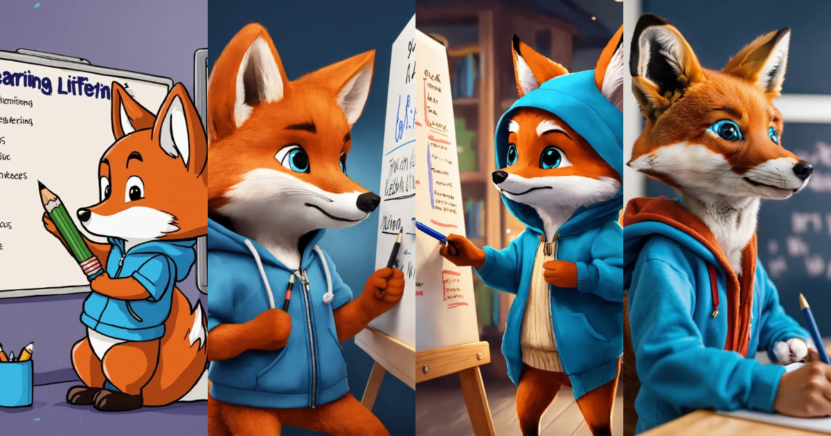Lexica - A cute fox in a blue hoodie writing learning objectives on a ...