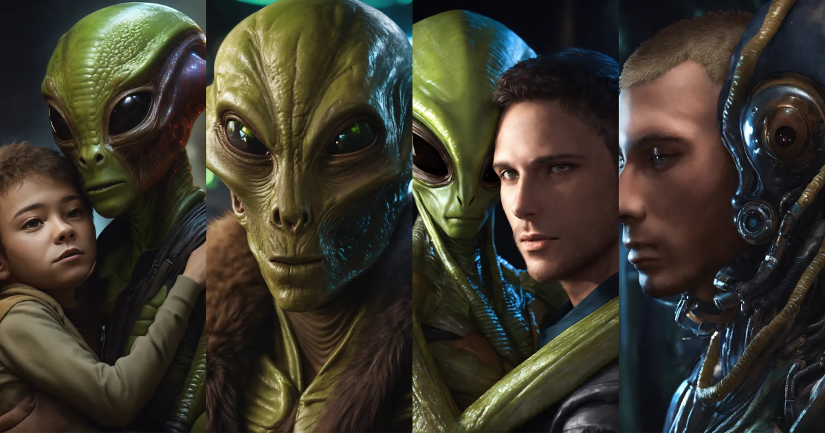 Lexica - Alien male, with a furry face, and a human male embracing ...