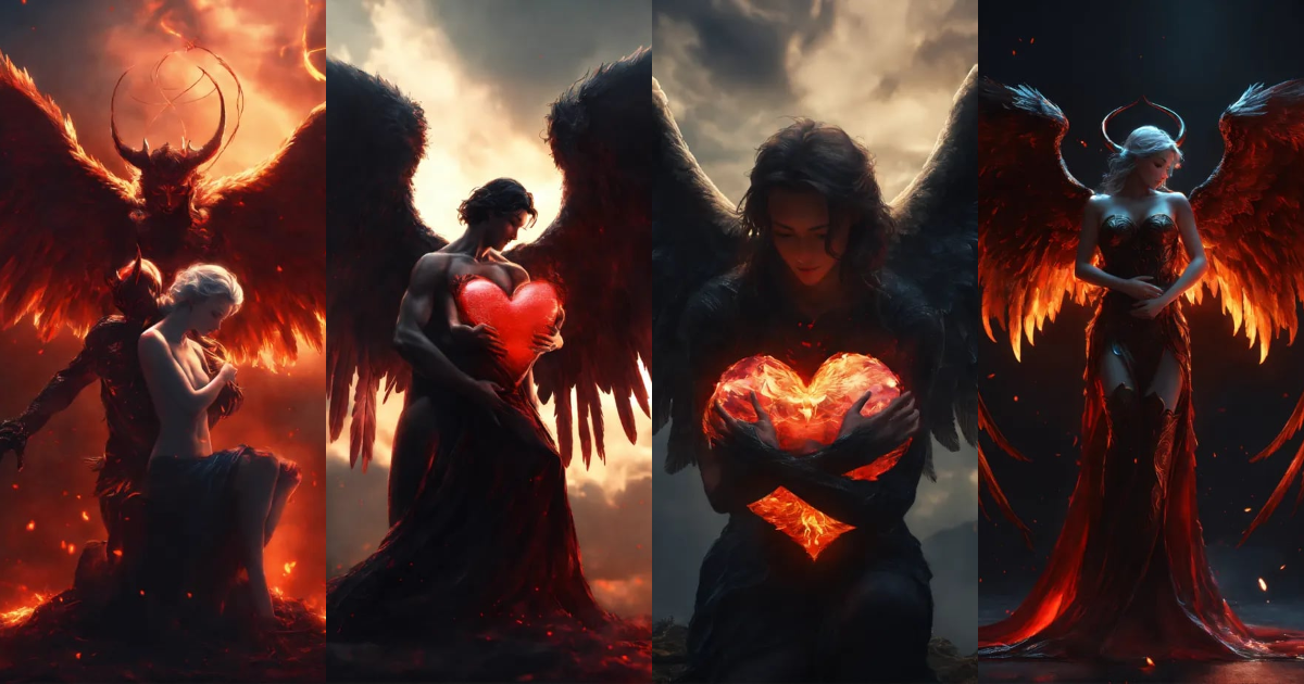 Lexica - An angel flying hugging a demon flying, forming a heart shape ...