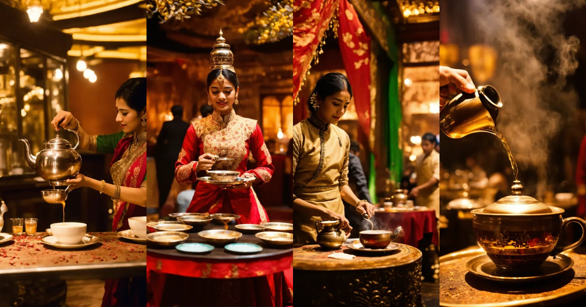 Lexica - Skilled servers pour Chai tea from one cup to another in a ...