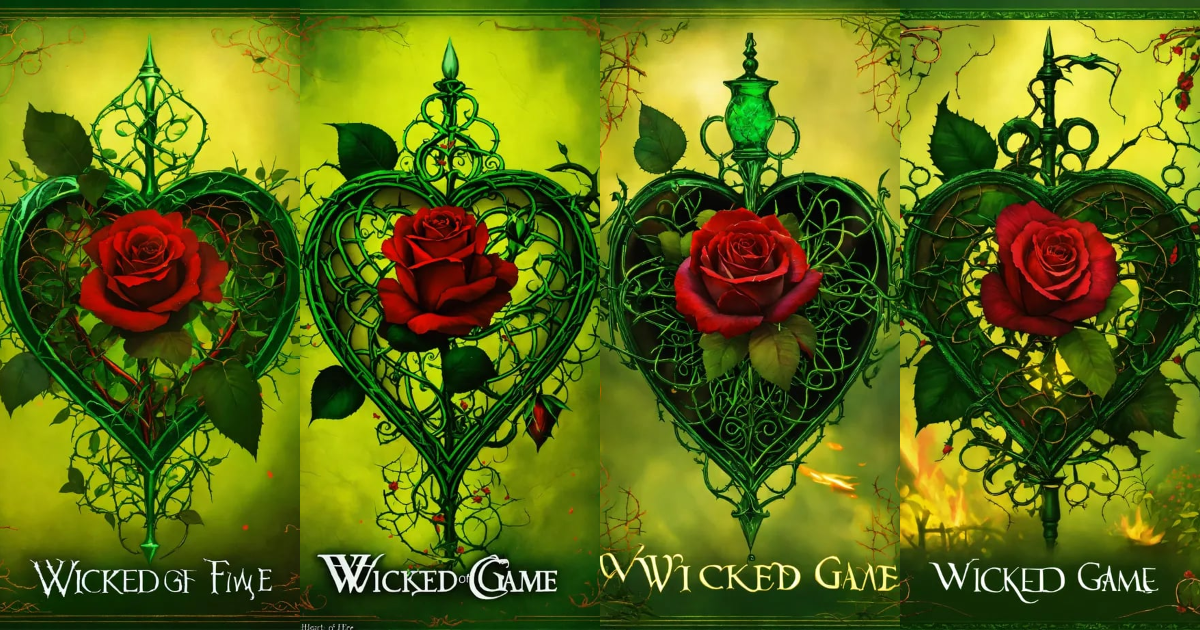Lexica - A heart of fire with roses and thorns saying wicked game in green.