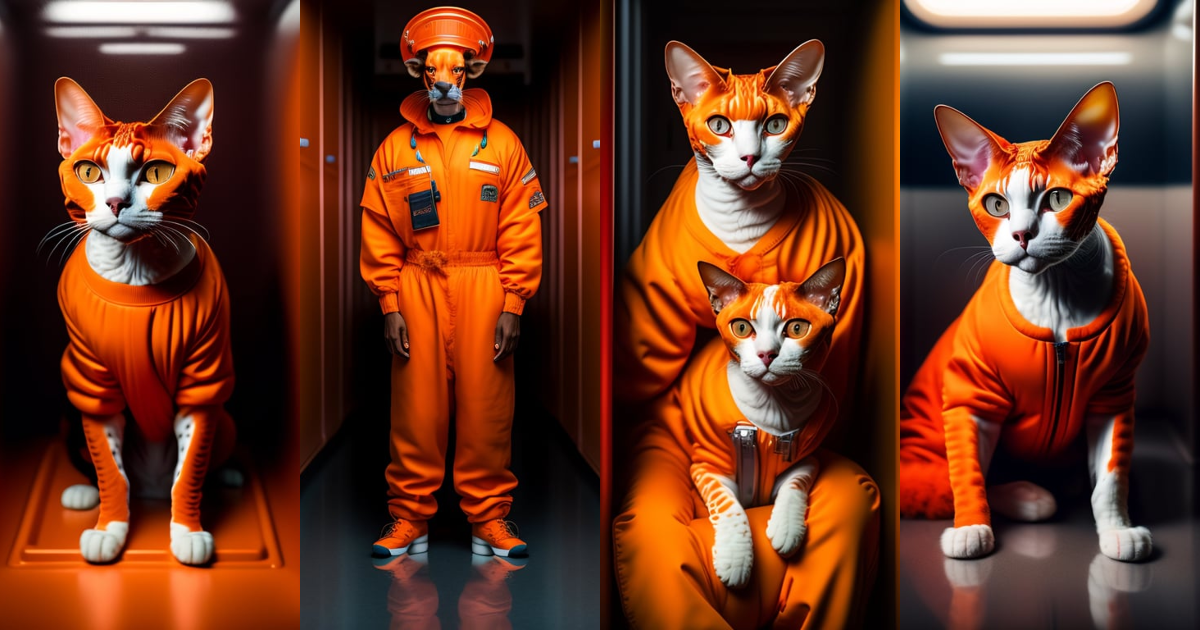 Lexica - A humanoid devon rex cat wearing inmate orange jumpsuit outfit ...