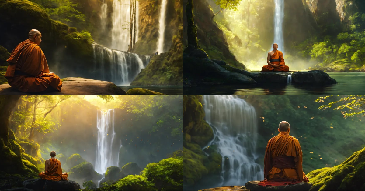 Lexica - MONK IN DEEP MEDITATION, IN FOREST, BELOW WATERFALL, detailed ...