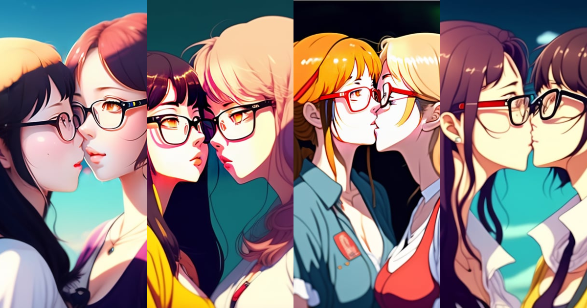 Lexica - Girl with glasses kissing her girlfriend, ghibli, anime style