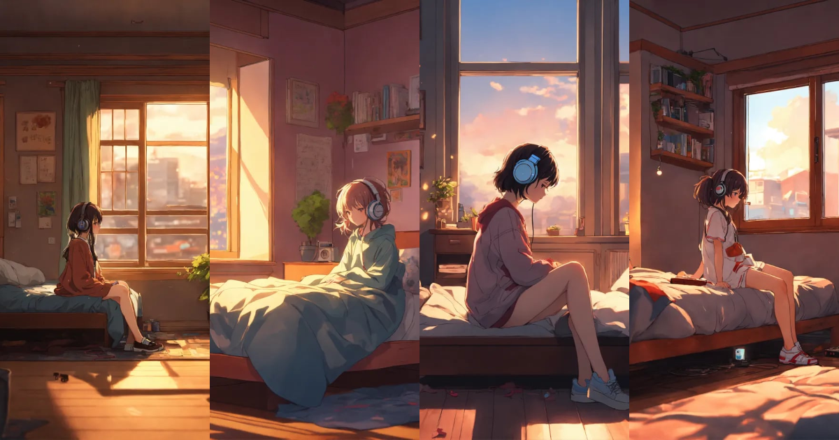 Lexica - Lofi anime girl in bedroom while listening to music and big ...