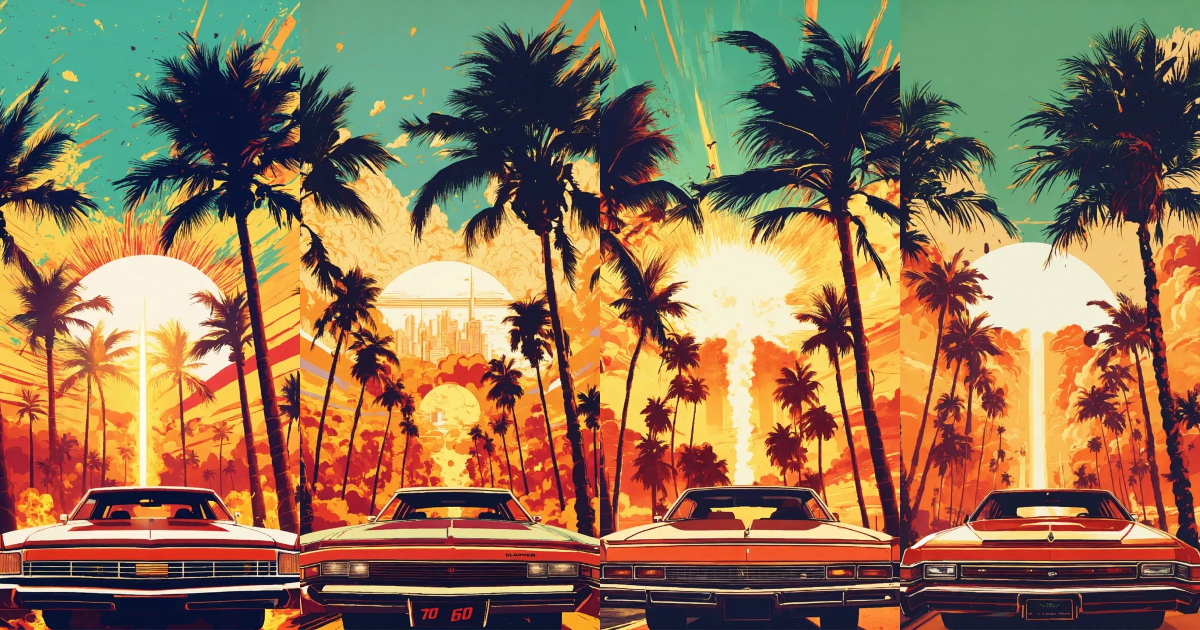 Lexica - 70s 80s movie poster, low rider, explosions, palm trees ...