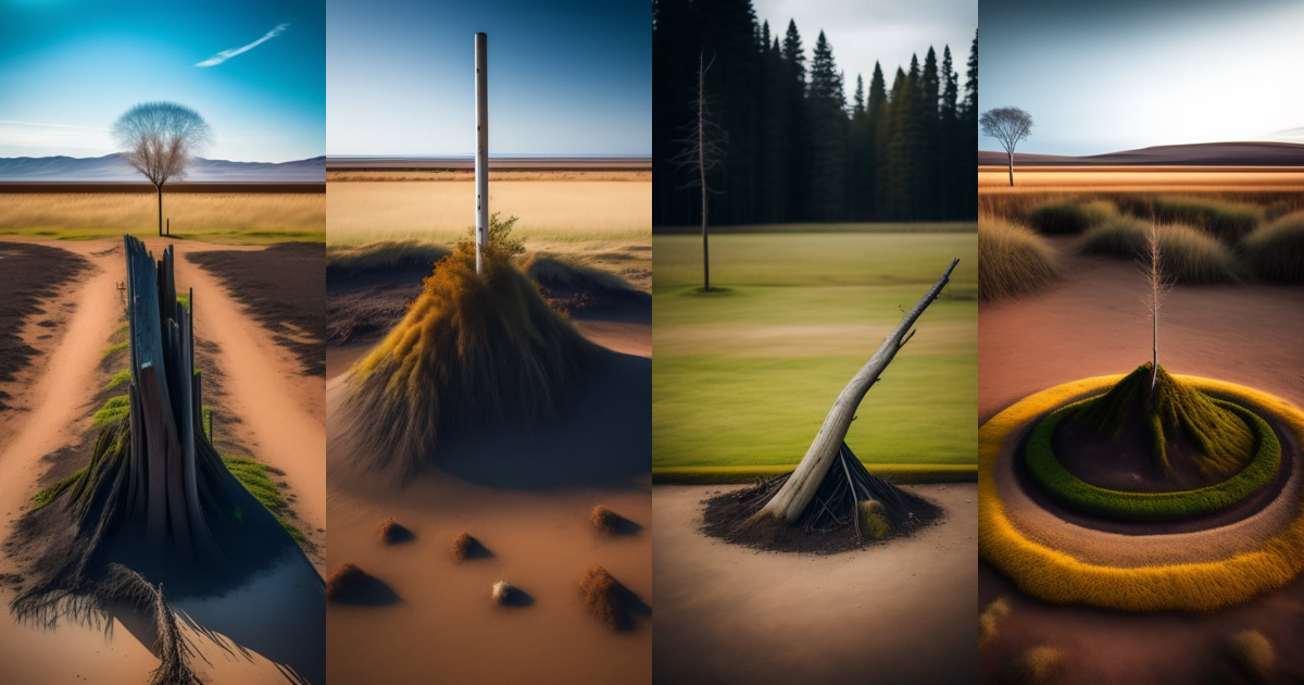 Lexica - Drained ground with a single dead tree and signage