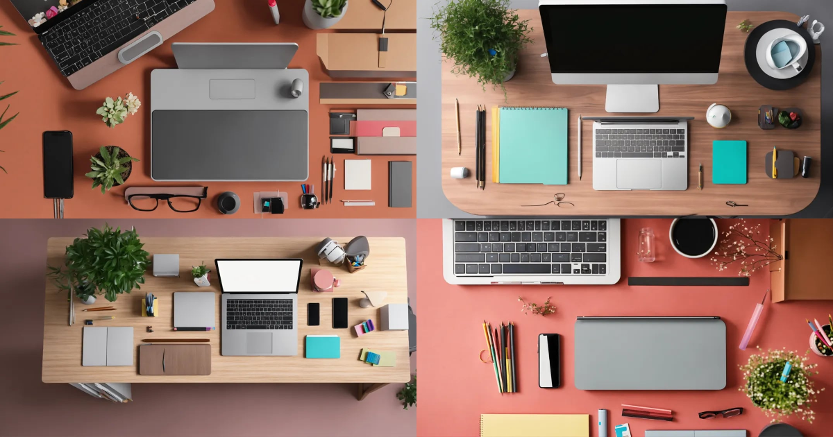Lexica - Top view Minimalist standing desk with stationery supplies and ...